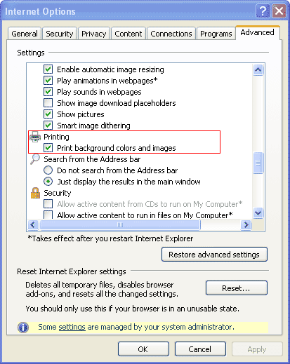 graphic showing the print background colors and images box checked under the advanced internet options tab