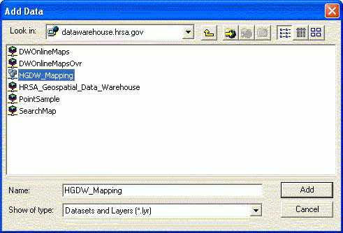 The ArcCatalog Add Data dialog box, with the entire HGDW_Mapping feature service selected.