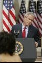 President Bush fields a question during a news conference in the Rose Garden Tuesday, Oct. 4, 2005. White House photo by Paul Morse