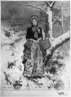 Painting-Young woman, with basket, walking in snowy country lane.