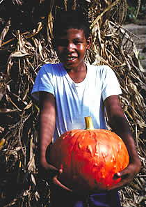 Photo: smiling boy holding a large pumpkin.