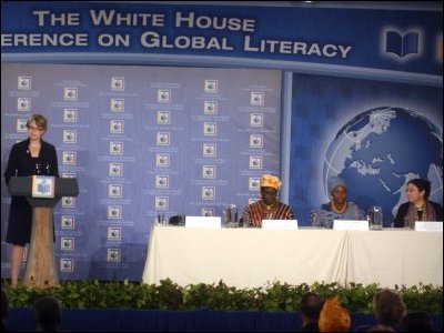 Secretary Spellings delivered opening remarks before moderating a panel on 'Mother-Child Literacy and Intergenerational Learning' at the White House Conference on Global Literacy held at the New York Public Library.  Panel members (left to right) are Maria Diarra Keita, Founding Director, Institute for Popular Education in Mali; Florence Molefe, Facilitator, the Family Literacy Project in South Africa; and Dr. Perri Klass, Medical Doctor and President of the Reach Out and Read National Center and Professor of Journalism and Pediatrics, New York University.