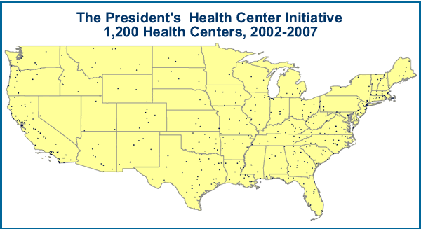 The President's Health Center Initiative, U.S. Map showing distribution of 1,200 new and expanded Health Centers, 2002-2007