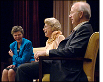 Cokie Roberts and Lindy Boggs laugh with Allen Weinstein the evening of May 10, 2006, on stage at the National Archives Building.