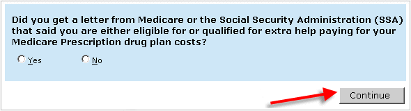 Example showing the 'Continue' button of the Medicare Options Compare tool.