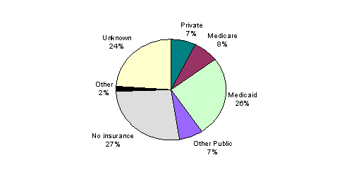 Pie Chart containing the following data...
Private, 47,316
Medicare, 48,877
Medicaid, 167,293
Other Public, 44,416
No insurance, 176,330
Other, 10,090
Unknown, 155,692