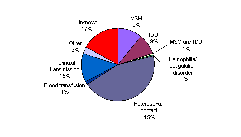 Bar Chart containing the following data...
MSM, 11%
IDU, 9%
MSM and IDU, 1%
Hemophilia/ coagulation disorder, 0%
Heterosexual contact, 45%
Blood transfusion, 1%
Perinatal transmission, 13%
Other, 3%
Unknown, 17%