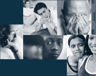 Group of six photos depicting the faces of different populations affected by HIV disease