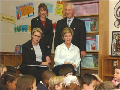 Laura Bush and Secretary Spellings visited Greenbrook Elementary School in Southaven, Mississippi. Principal Stephanie Gilder and School Superintendant of Education Milton Kuykendall were with them as they sat in on the 2nd-grade music class, which  includes several evacuee students of Hurricane Katrina.