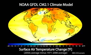 NOAA image of projected change in annual mean surface air temperature from the late 20th century (1971-2000 average) to the middle 21st century (2051-2060 average).