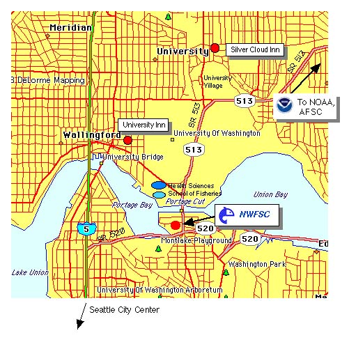 Map of local area showing the location of NWFSC near the Montlake bridge.