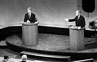 President Ford and Jimmy Carter meet at the Walnut Street Theater in Philadelphia to debate domestic policy during the first of the three Ford-Carter Debates