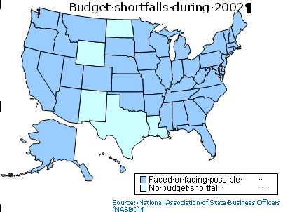 Map showing states with budget shortfalls
