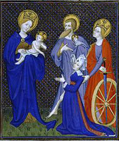 image: Luçon Master, French, School of Paris, active 1401 - 1417
Book of Hours, Female Donor Presented to the 
Virgin by Saints Catherine and John the Baptist, c. 1410
The Walters Art Gallery, Baltimore, acquired by Henry Walters