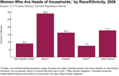 Bar chart: Women Who Are Heads of Households, by Race/Ethnicity, 2006