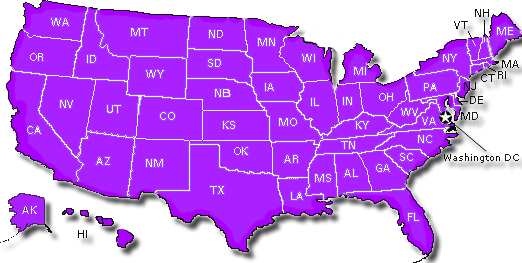 image of United States map--for text listing of states, go to alphabetical list below
