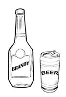 Drawing of a bottle of brandy and a can of beer.