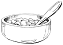 Drawing of a bowl of cereal with a spoon in the bowl.
