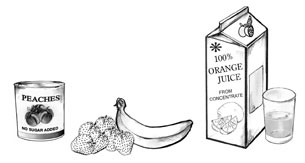 Drawing of strawberries and a banana, a carton of orange juice and a glass of orange juice.