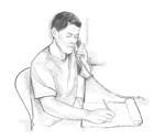 Drawing of a man sitting at a desk talking on the phone and taking notes.