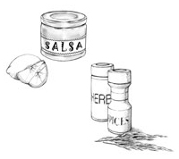 Drawing of a jar of salsa, a lemon, two slices of lemon, two small jars, one labeled as herbs and the other labeled as spices.