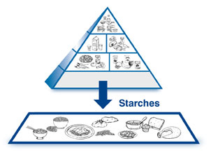 An enlarged drawing of the starches group below a drawing of the diabetes food pyramid. The enlarged drawing is labeled starches. The section includes drawings of rice, potatoes, bread, crackers, and tortillas.