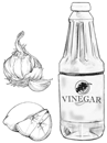 Drawing of a head of garlic with one clove broken off, a lemon and two slices of lemon, and a bottle of vinegar.