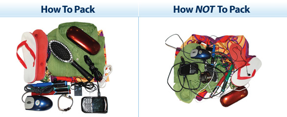 Photo of two suitcases: the left one is organized, the right one is unorganized