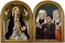 image: Master of the Saint Ursula Legend, Flemish, active c. 1470–c. 1500, Virgin and Child (left) , 1486, oil on panel, 28 x 21 cm (11 x 8 1/4 in.), Three Donors (right), 1486, oil on panel, 28 x 21 cm (11 x 8 1/4 in.), Koninklijk Museum voor Schone Kunsten Antwerpen
