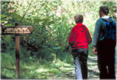 Photograph of couple walking past a sign on a forest trail.