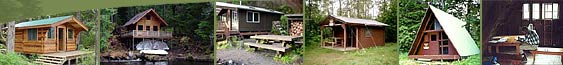 Montage of photos of recreation cabins, showing a PanAbode cabin with porch, a loft-style cabin with deck, a hunter-style cabin with picnic table and wood shed, a hunter-style cabin with covered porch, an A-frame cabin and the interior of an A-frame cabin.
