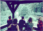 Photograph of visitors in the viewing tower at Pack Creek Bear viewing area.