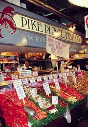Fresh seafood available for sale at the Pike Place Fish Company