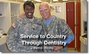 Dr. John Clements with a female soldier in a dental clinic with words saying Service to Country Through Dentistry + read more