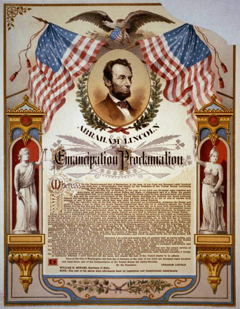 Color image of Abe Lincoln with Emancipation Proclamation text