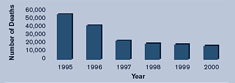 This graph shows the deaths in adults and adolescents with AIDS in the US from 1995 through 2000.