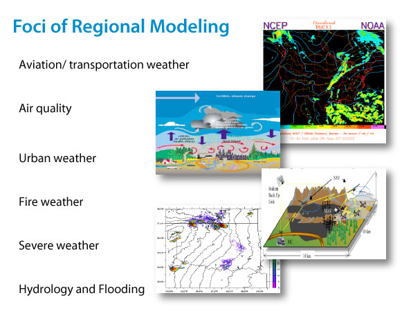 Foci of Regional Modeling includes aviation and transportation weather, air quality, urban weather, fire weather, severe weather and, hydrology and flooding.