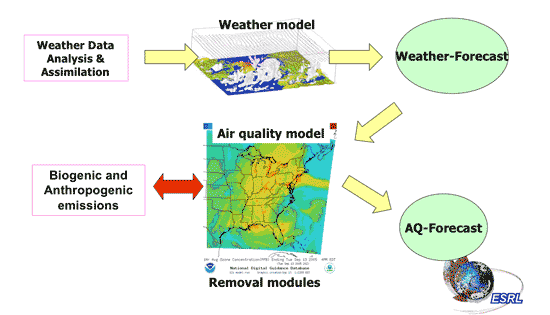 Flow of data from weather prediction to air quality forecast.