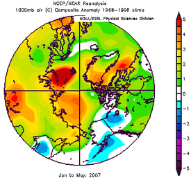Near surface air temperature anomalies for January-May 2007