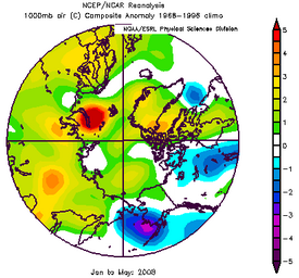 Near surface air temperature anomalies for January-May 2008