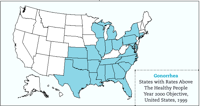 Gonorrhea - States with Rates Above HP2000 Objective, US, 1999