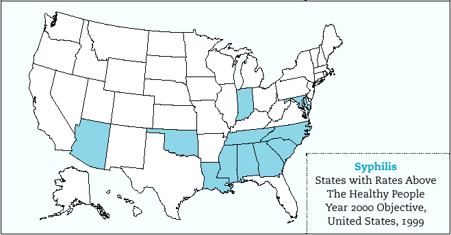 Syphilis - States with Rates Above HP2000 Objective, US, 1999