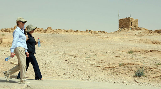 Mrs. Laura Bush and Mrs. Aliza Olmert walk a path at Masada National Park Thursday, May 15, 2008, during a tour of the historic site with their spouses. White House photo by Shealah Craighead