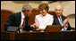 President George W. Bush acknowledges Dalia Itzik, Speaker of the Knesset, as he visits the Israeli parliament Thursday, May 15, 2008, in Jerusalem. At right is Israel’s President Shimon Peres. White House photo by Shealah Craighead