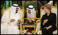 With the help of an interpreter, Mrs. Laura Bush shares a greeting over coffee with King Abdullah bin Abdulaziz during the arrival ceremonies Friday, May 16, 2008, for she and President George W. Bush at the Riyadh-King Khaled International Airport in Riyadh. White House photo by Chris Greenberg