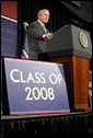 President George W. Bush makes remarks during commencement ceremonies for the Greensburg High School Class of 2008. The town of Greensburg, KS was almost entirely destroyed when a tornado tore through the town one year ago today. White House photo by Chris Greenberg