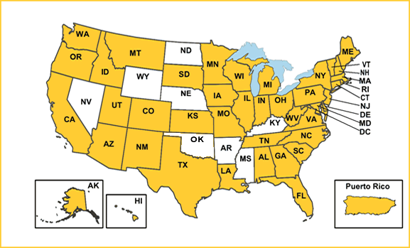 This map represents the forty-two states plus the District of Columbia and Puerto Rico that have entered into cooperative agreements to implement the DOL-SSA jointly sponsored Disability Program Navigator demonstration initiative.