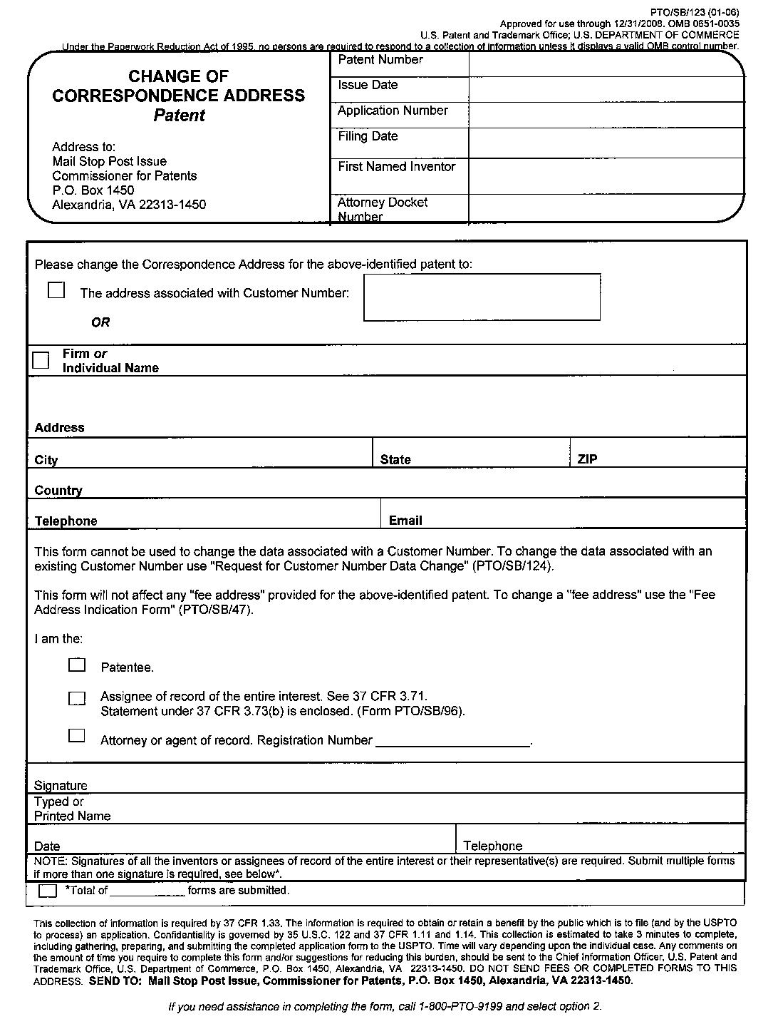 form pto/sb/123. change of correspondence address patent