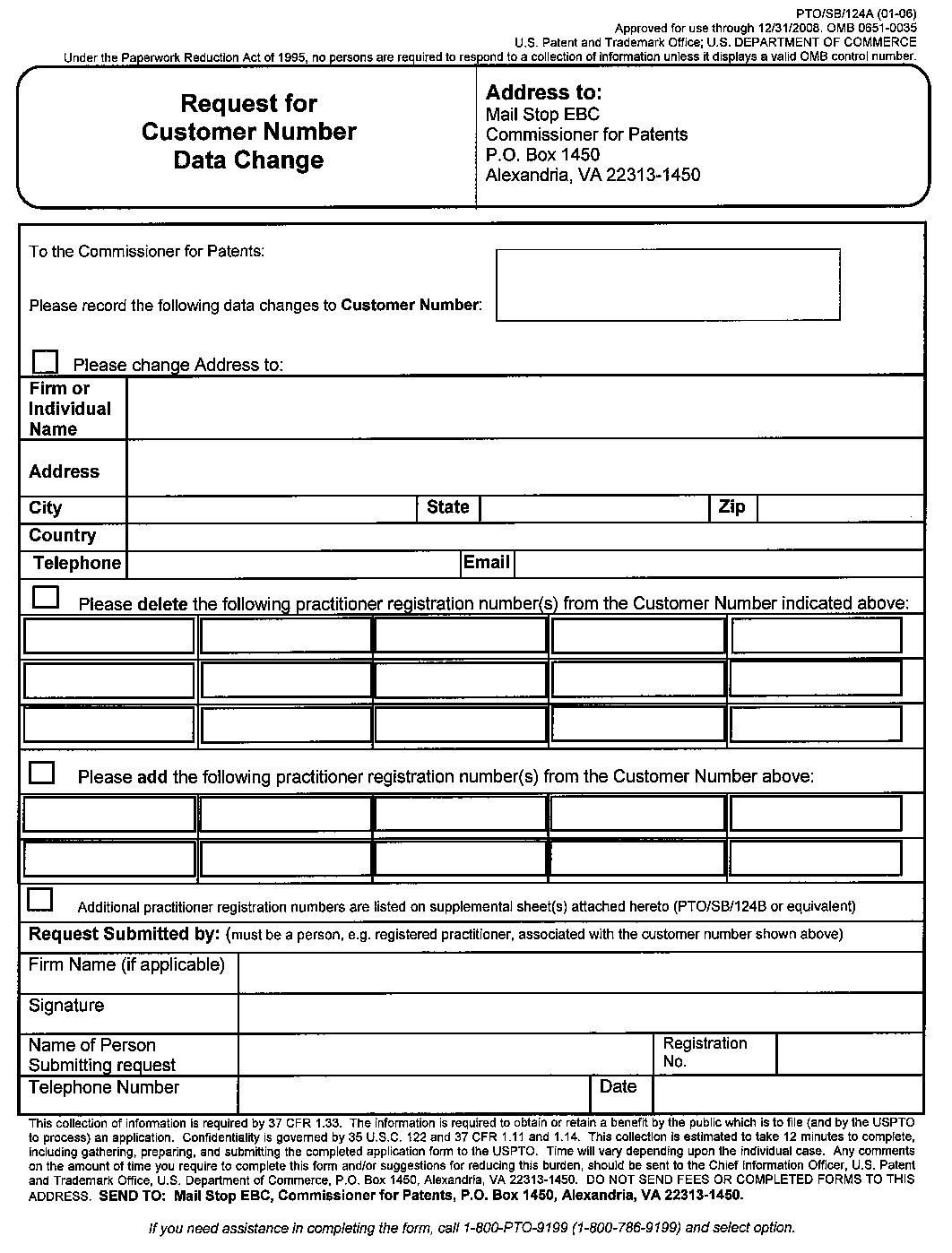 form pto/sb/124a. request for customer number