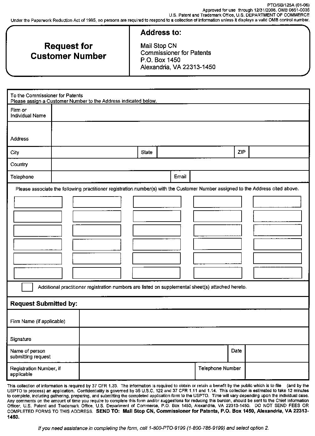 form pto/sb/25a request for customer number